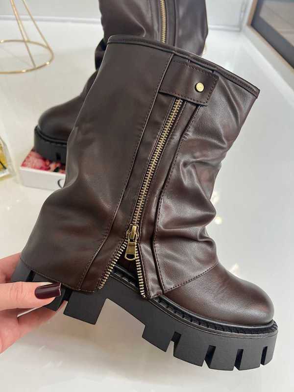 B753 Botki Workery Damskie ZIP Czekolada