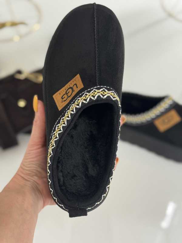 L725 Wsuwane Śniegowce Damskie Clogs Ocieplane Kożuszkiem Czarne