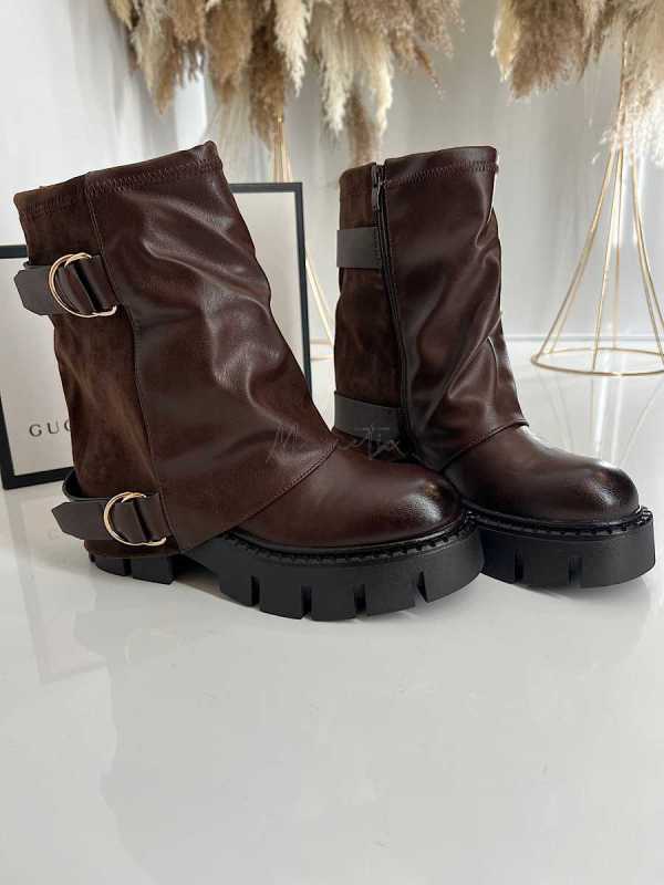 B895 Botki Workery Damskie Złota Klamra Czekolada