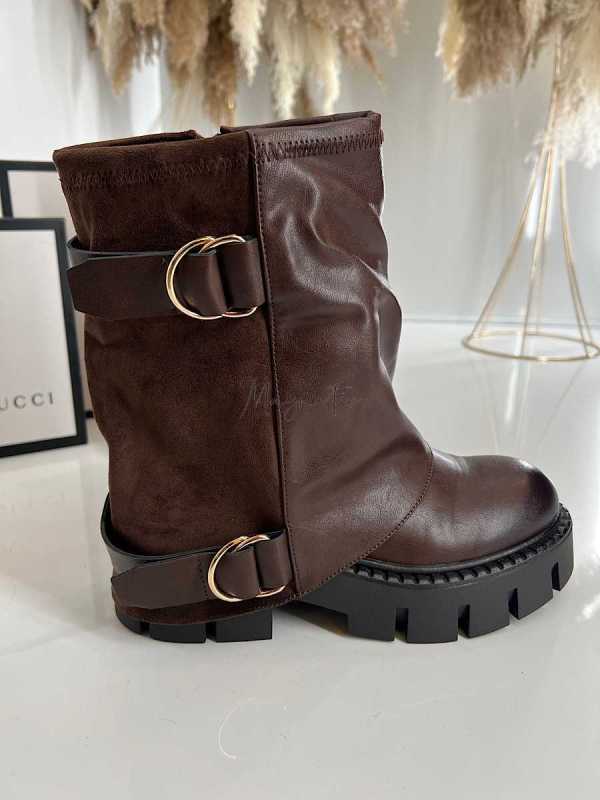 B895 Botki Workery Damskie Złota Klamra Czekolada