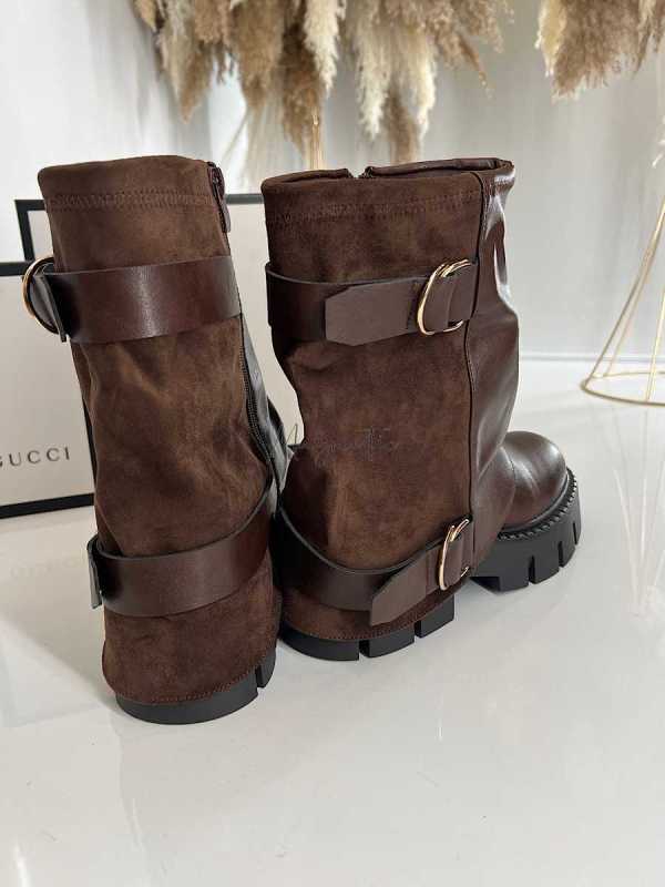 B895 Botki Workery Damskie Złota Klamra Czekolada