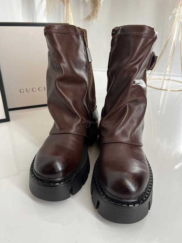 B895 Botki Workery Damskie Złota Klamra Czekolada