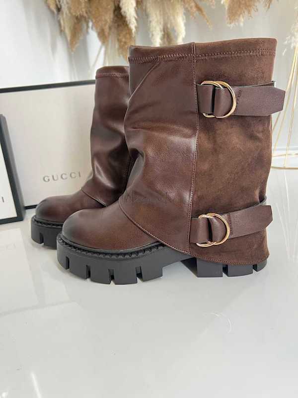 B895 Botki Workery Damskie Złota Klamra Czekolada