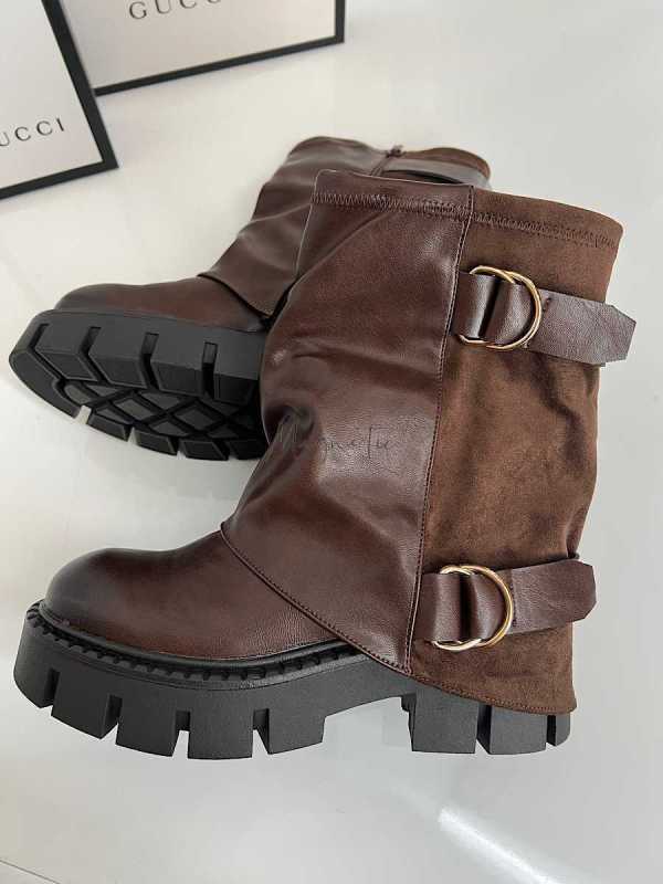 B895 Botki Workery Damskie Złota Klamra Czekolada