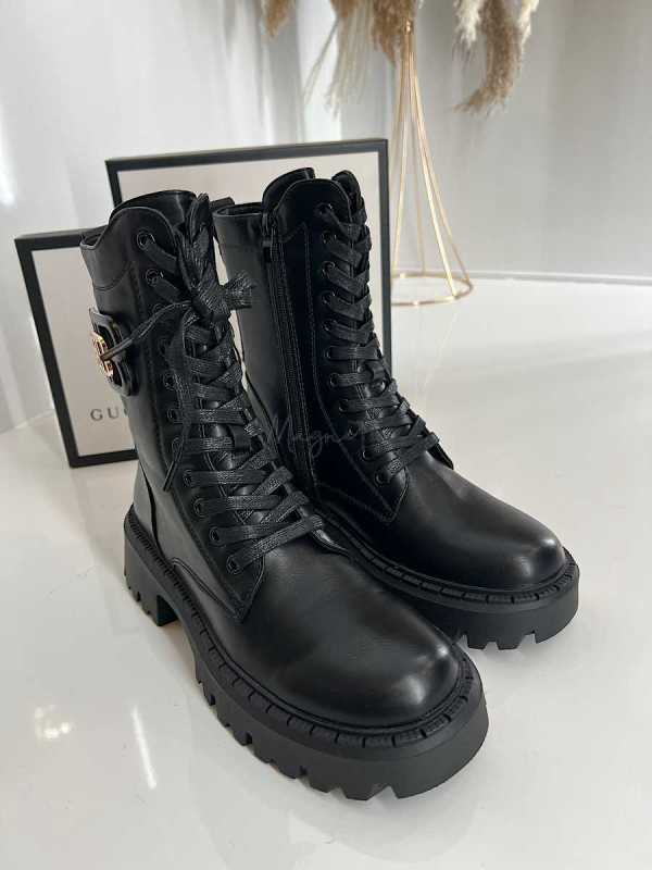 B894 Botki Workery Damskie BB Złota Ozdoba Czarne