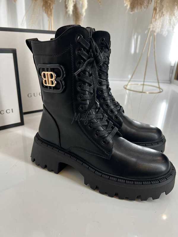 B894 Botki Workery Damskie BB Złota Ozdoba Czarne