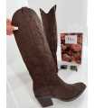 B896 Buty Kozaki Kowbojki Damskie Zamszowe z Haftem Czekolada