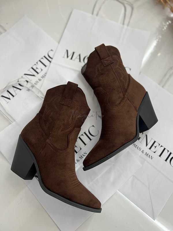 B897 Buty Botki Kowbojki Damskie Zamszowe Czekolada