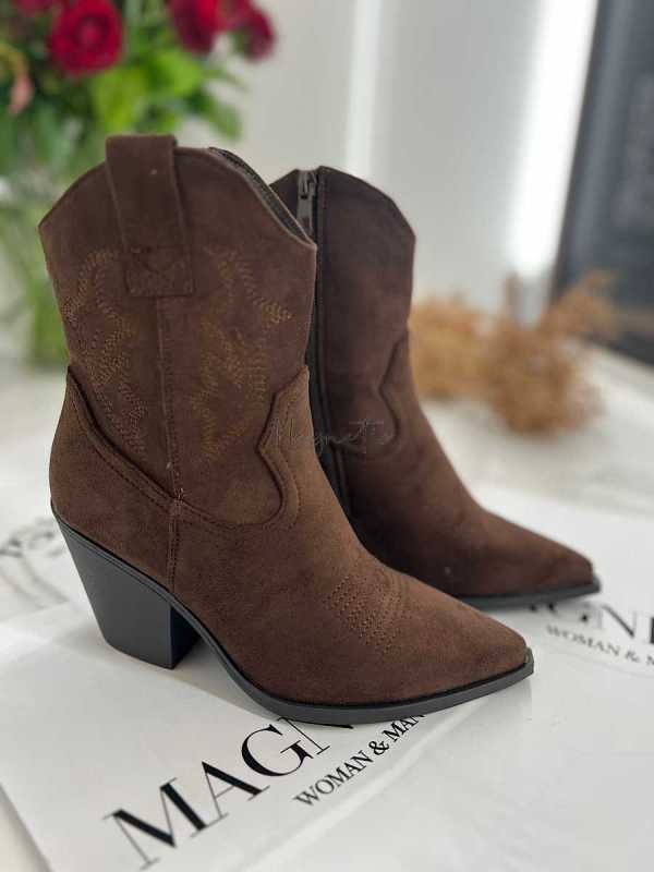 B897 Buty Botki Kowbojki Damskie Zamszowe Czekolada