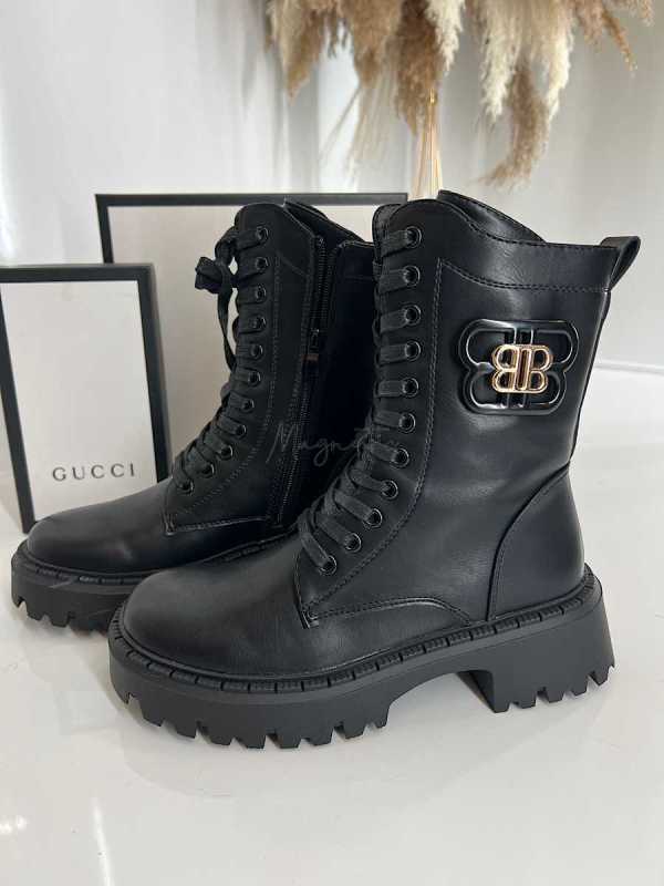 B894 Botki Workery Damskie BB Złota Ozdoba Czarne