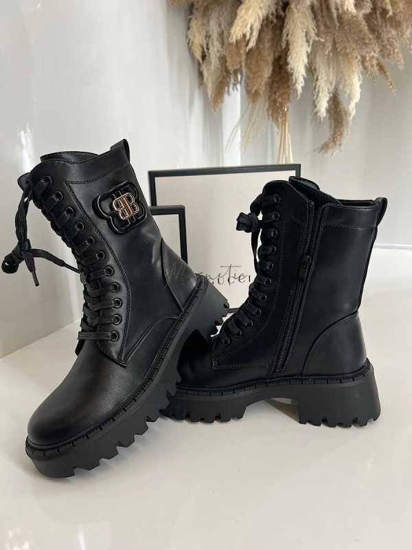 B894 Botki Workery Damskie BB Złota Ozdoba Czarne