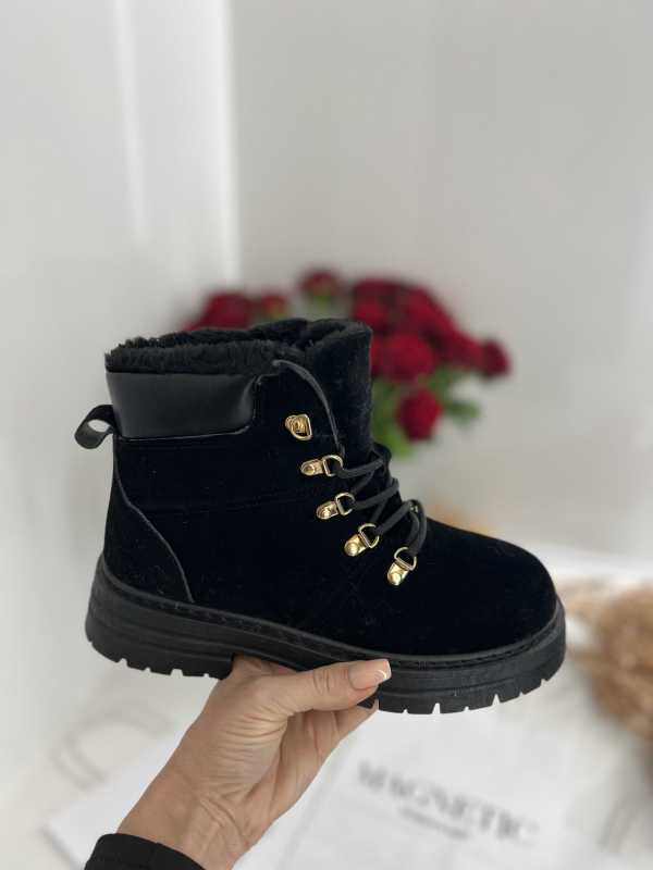 B812 Botki Śniegowce Damskie Ocieplane Sznurowane Czarne