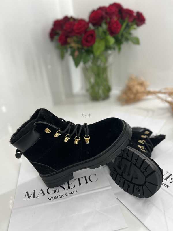 B812 Botki Śniegowce Damskie Ocieplane Sznurowane Czarne