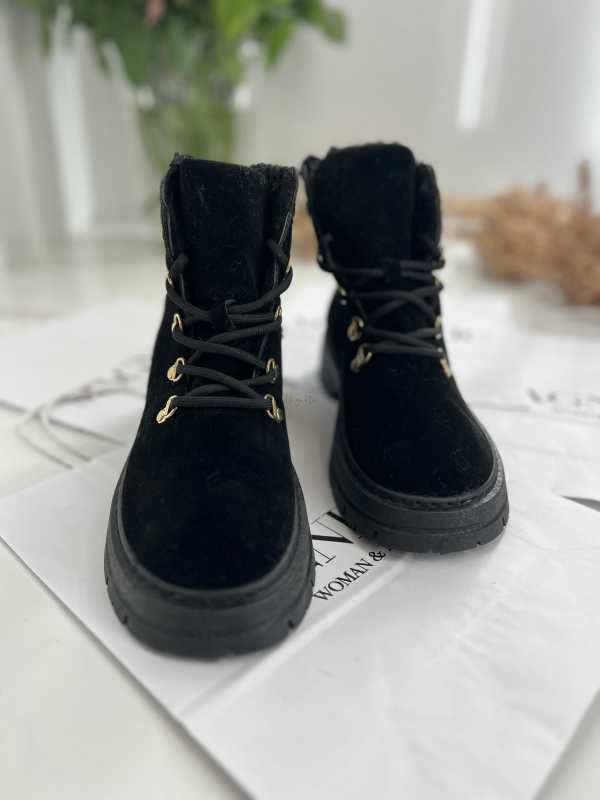 B812 Botki Śniegowce Damskie Ocieplane Sznurowane Czarne