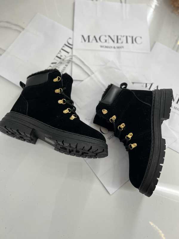 B812 Botki Śniegowce Damskie Ocieplane Sznurowane Czarne