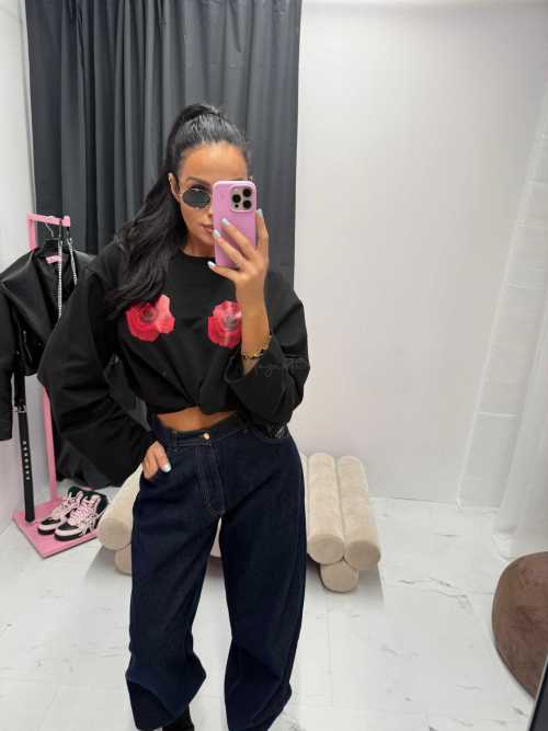 LM942 T-shirt La Milla Długi Rękaw Róże Czarny