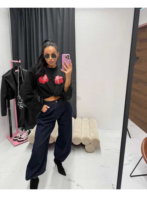 LM942 T-shirt La Milla Długi Rękaw Róże Czarny