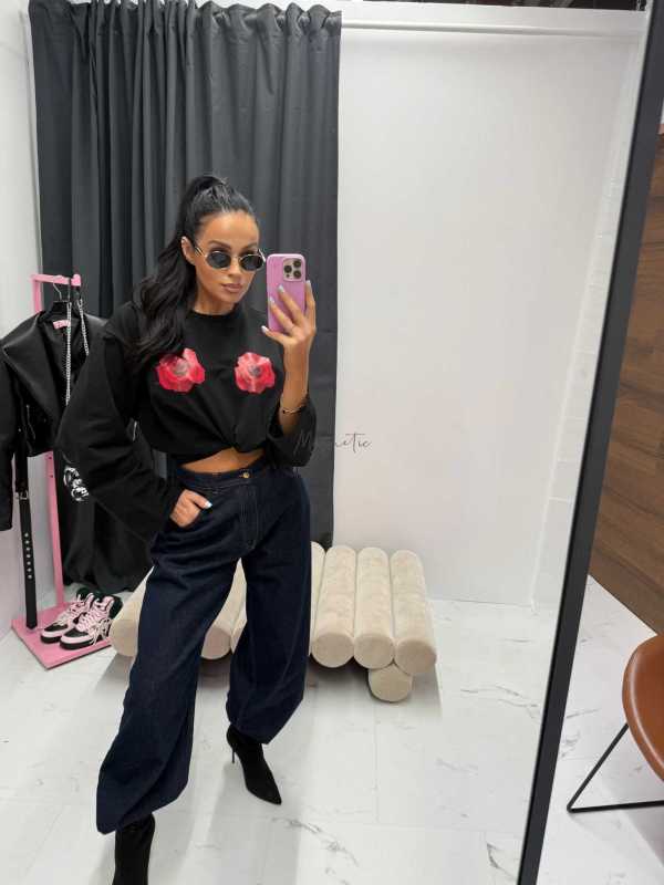 LM942 T-shirt La Milla Długi Rękaw Róże Czarny