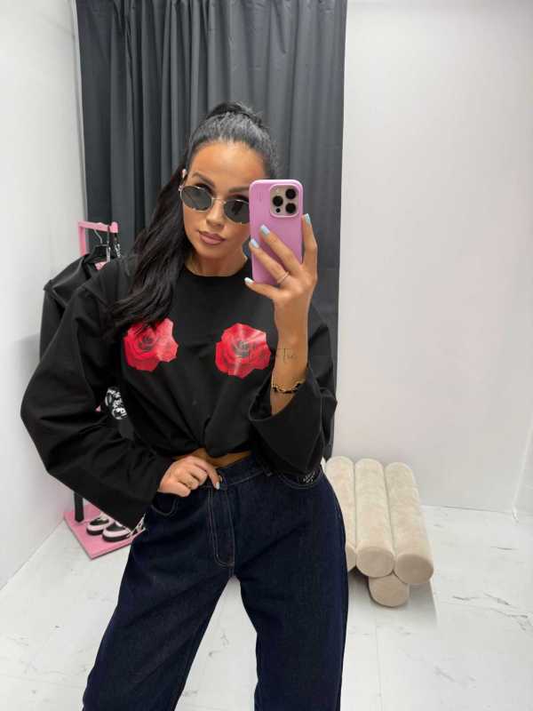 LM942 T-shirt La Milla Długi Rękaw Róże Czarny