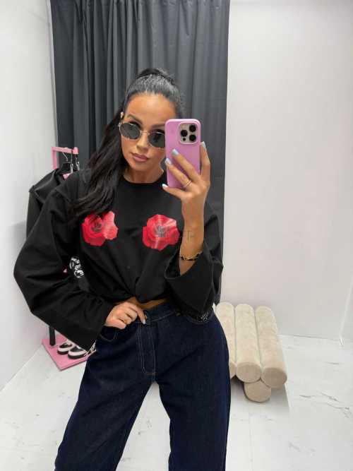 LM942 T-shirt La Milla Długi Rękaw Róże Czarny