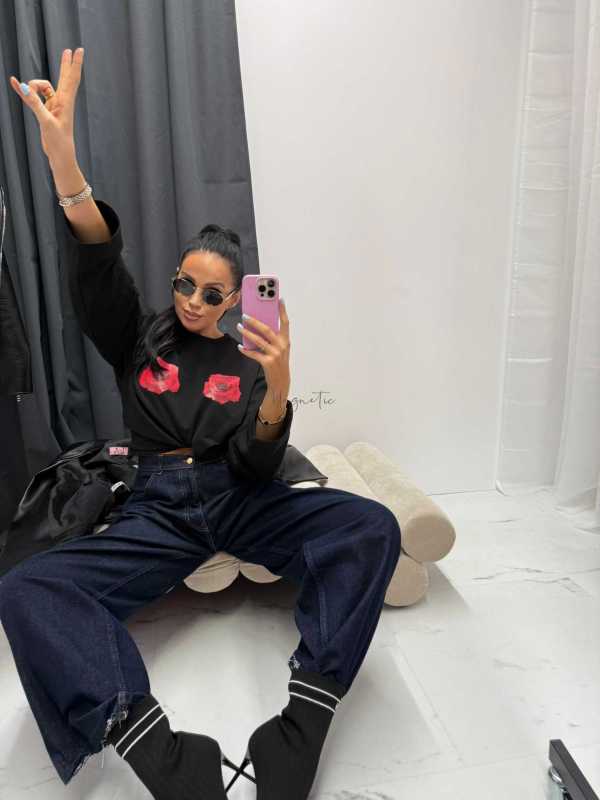 LM942 T-shirt La Milla Długi Rękaw Róże Czarny