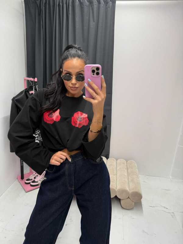 LM942 T-shirt La Milla Długi Rękaw Róże Czarny