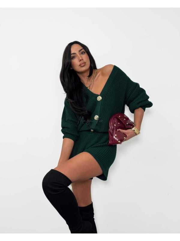 ML922 Komplet Sweterkowy La Milla Butelkowa Zieleń Złote Guziki