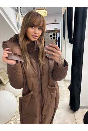 DM885 Długi Płaszcz Puchowy Pikowany Zimowy Brązowy