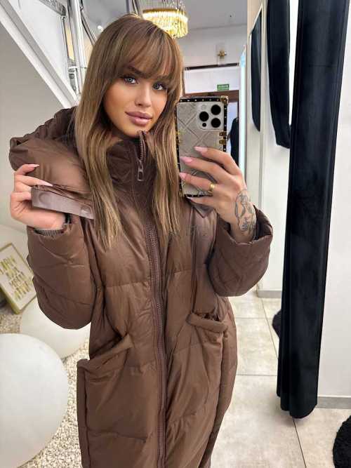 DM885 Długi Płaszcz Puchowy Pikowany Zimowy Brązowy