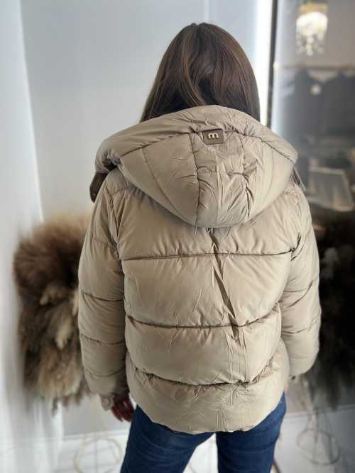 K814 Pikowana Zimowa Kurtka z Kapturem Beżowa