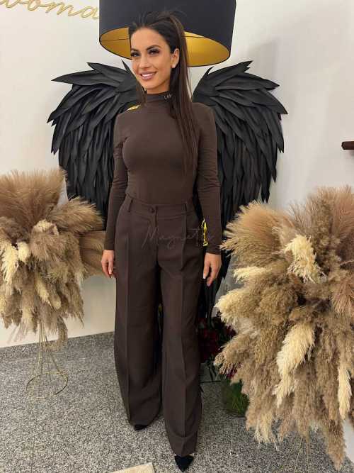 LM923 Eleganckie Spodnie Szeroka Nogawka La Milla Czekolada