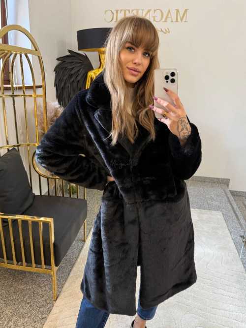 MF745 Płaszcz Długi Futerko Czarny