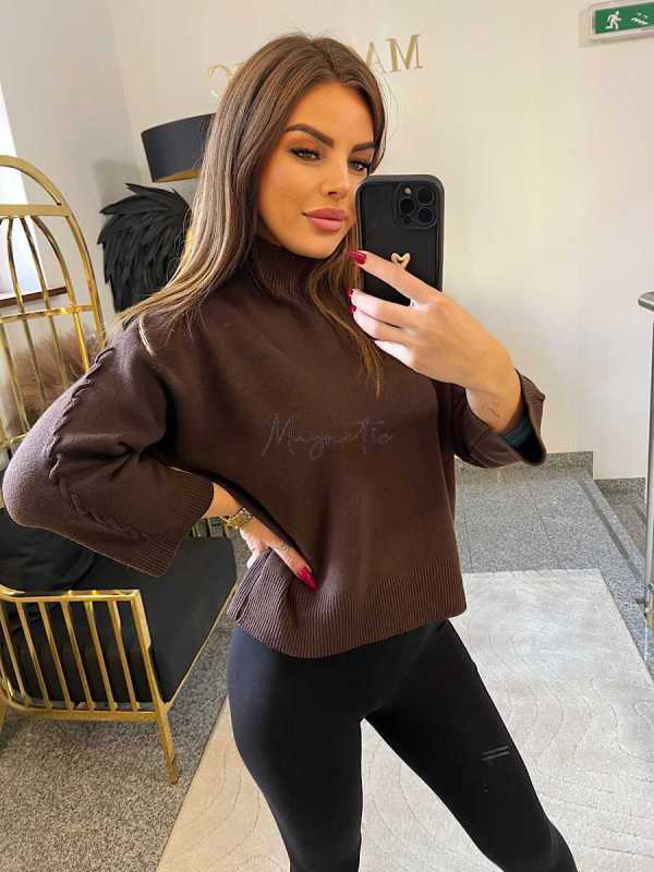 NB814 Sweter Golf Pleciony Rękaw Brąz