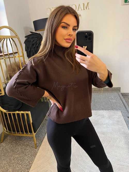 NB814 Sweter Golf Pleciony Rękaw Brąz