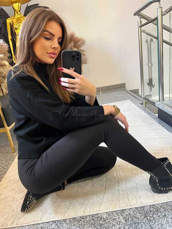 NB814 Sweter Golf Pleciony Rękaw Czarny