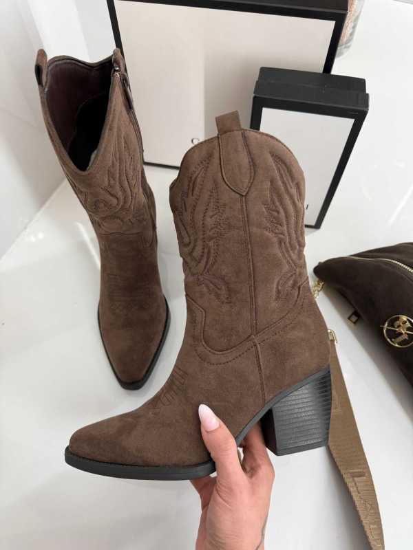 B999 Buty Botki Kowbojki Damskie Zamszowe Czekolada