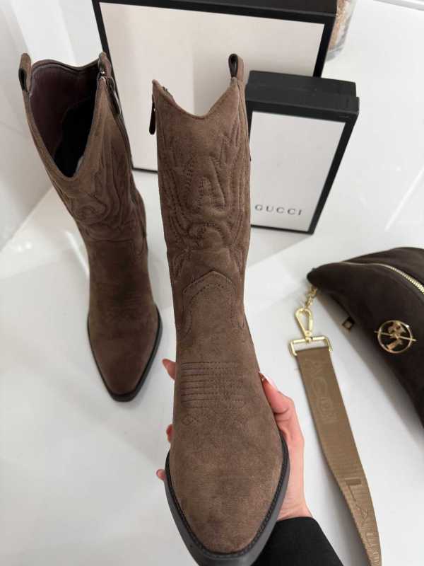 B999 Buty Botki Kowbojki Damskie Zamszowe Czekolada