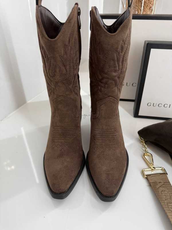 B999 Buty Botki Kowbojki Damskie Zamszowe Czekolada