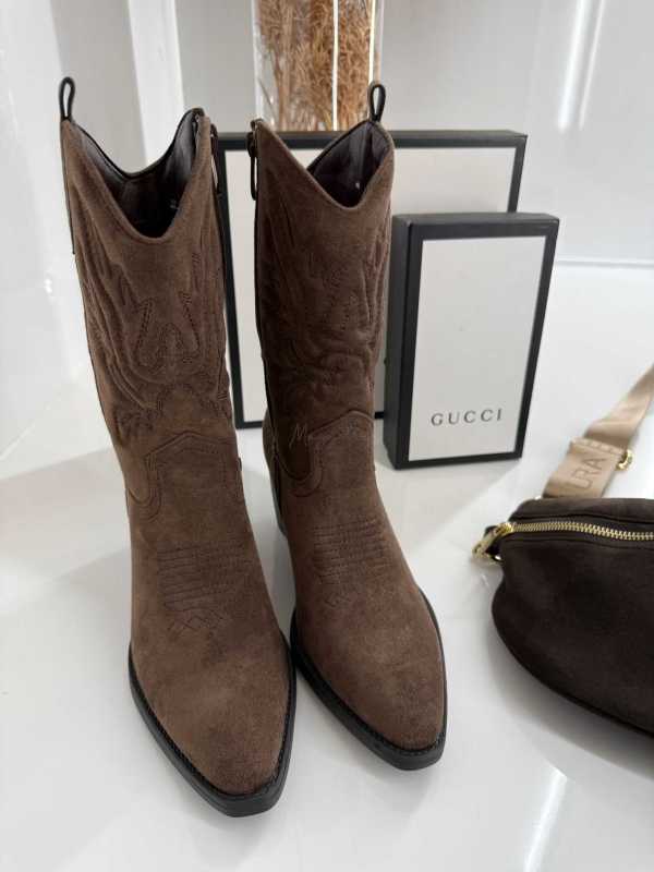 B999 Buty Botki Kowbojki Damskie Zamszowe Czekolada