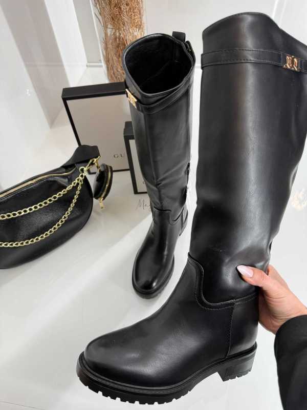 B002 Buty Kozaki Oficerki Damskie Ekoskóra Czarne