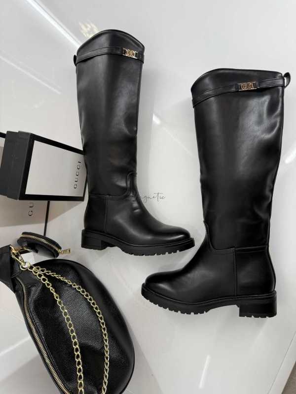 B002 Buty Kozaki Oficerki Damskie Ekoskóra Czarne