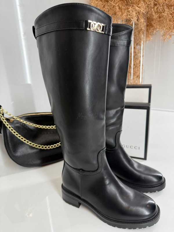 B002 Buty Kozaki Oficerki Damskie Ekoskóra Czarne