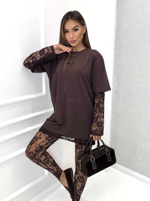 ML983 Legginsy z Koronki Narciarki na Paluszek Czekolada