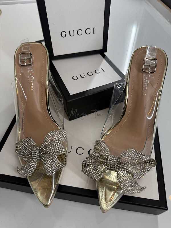 B032 Złote Sandały na Szpilce z Kokardą