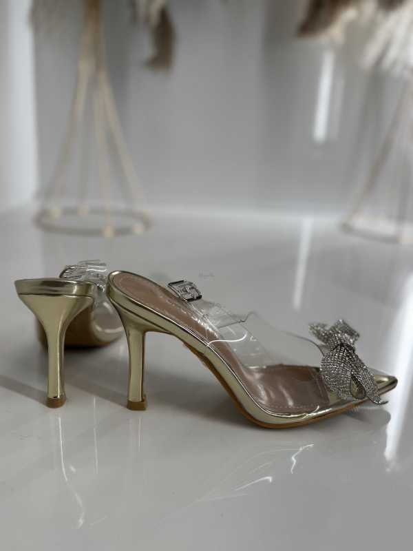 B032 Złote Sandały na Szpilce z Kokardą