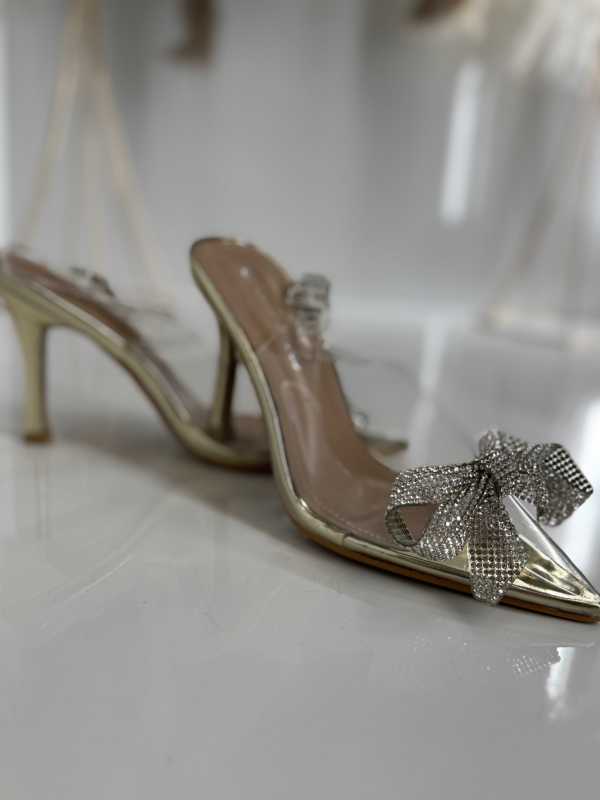 B032 Złote Sandały na Szpilce z Kokardą