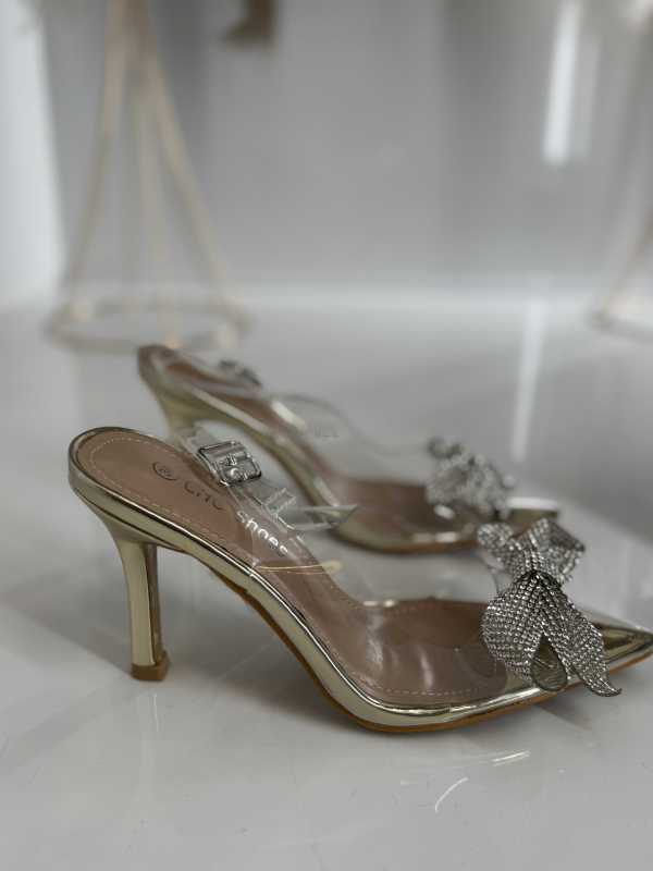 B032 Złote Sandały na Szpilce z Kokardą