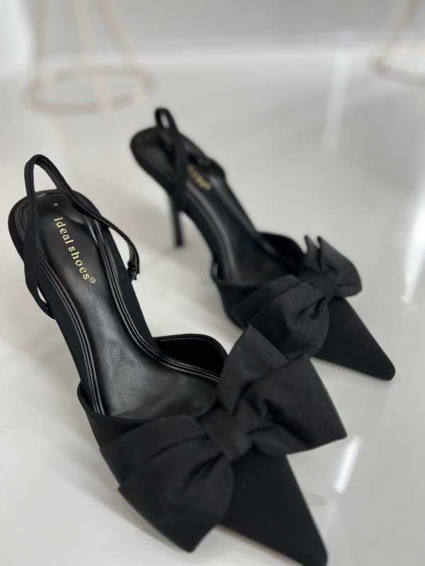 B031 Czarne Sandały na Szpilce z Kokardą