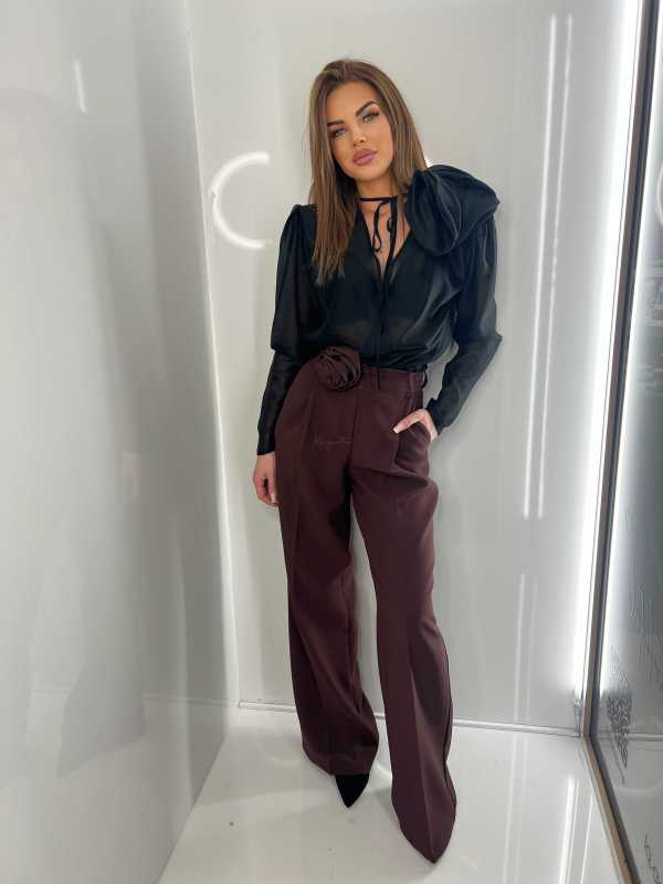 LM066 Eleganckie Spodnie Szeroka Nogawka La Milla Czekolada z Kwiatem