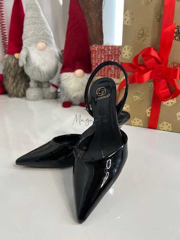 B098 Eleganckie Czarne Szpilki Slingback Lakier